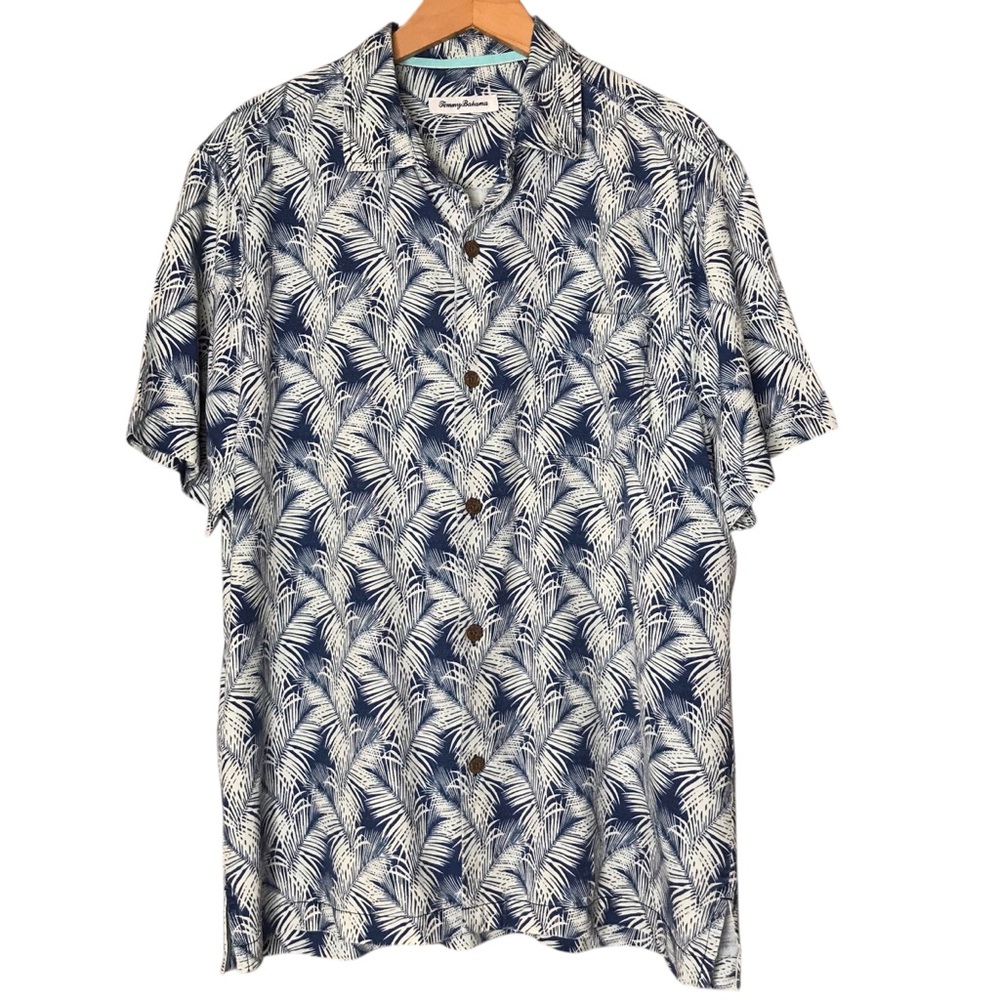 Tommy Bahama Silk Camp Shirt Blue Cream Palm Print Tropical Men's Large